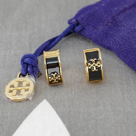 Tory Burch Kira Enamel Hoop Earrings in Black (Brand New) - Picture 5 of 8